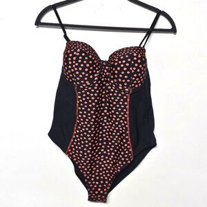 Donatella Ditsy Dot Seamed One Piece Swimsuit. Size XL.  Black white and red in